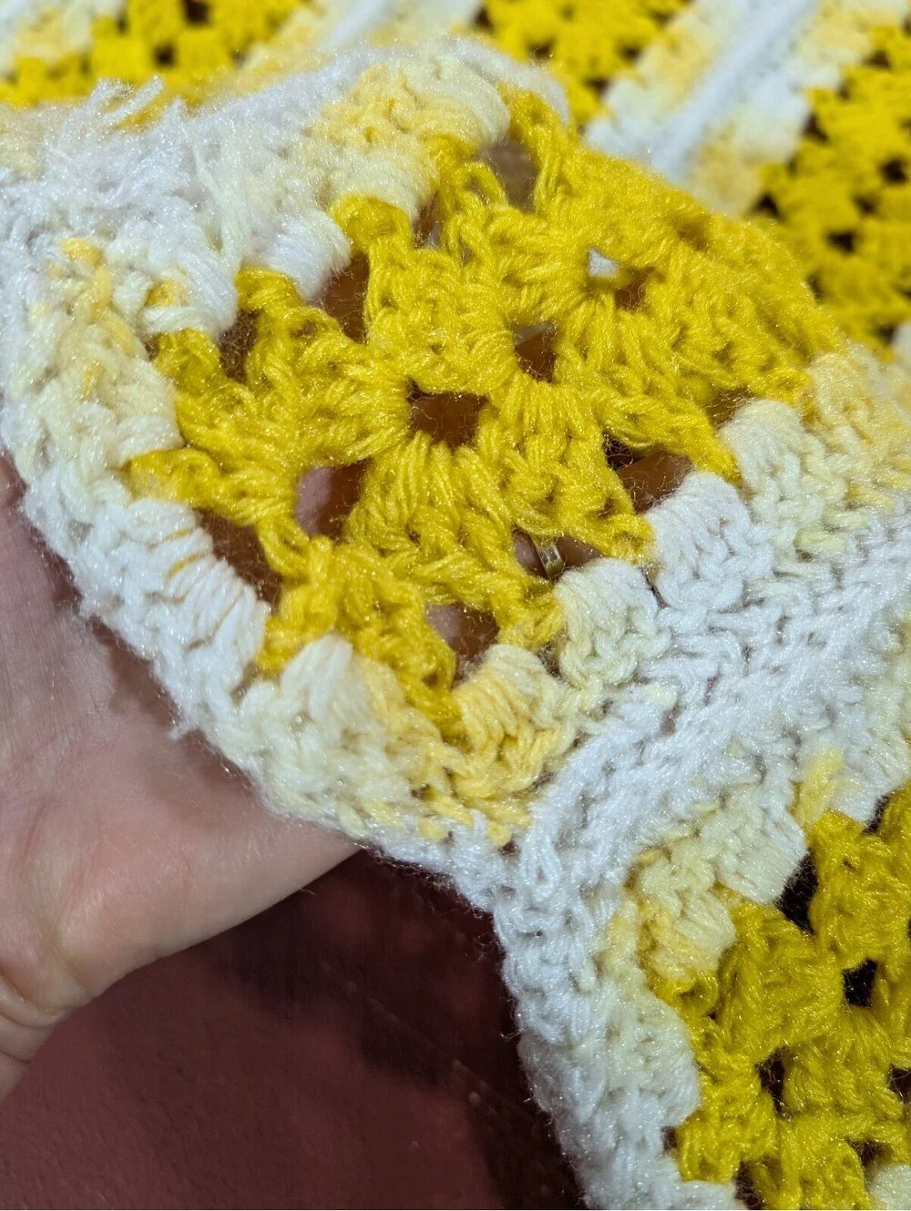 Vintage Handmade Yellow and White Crochet Blanket